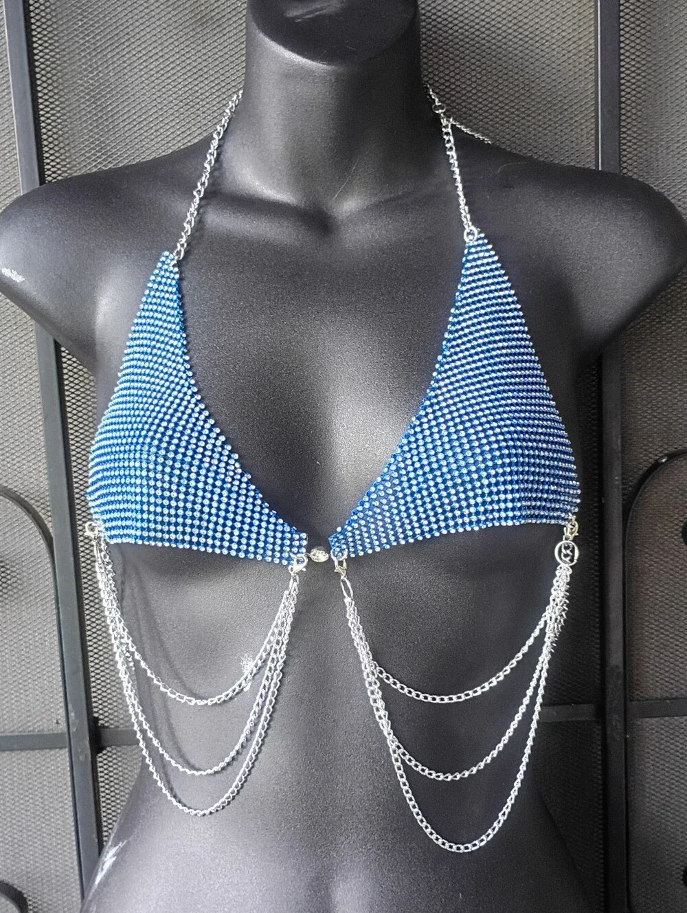 Blue Rhinestone Chain Triangle Bikini Top